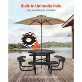 Heavy-Duty Picnic Table, Outdoor Furniture Weather Resistant Patio Dining Set, Coated Steel Tables with Umbrella Hole, 46" Round Table and Bench Set, for Garden, Backyard, Porch (Black)